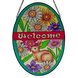 Welcome Spring Flowers & Bunny Suncatcher 12-Inch Oval Hanging Sign